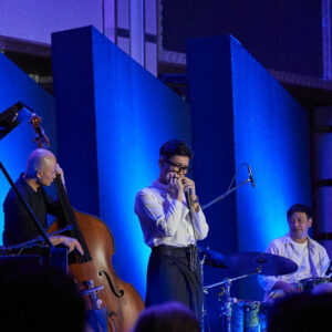 Jazz trio in blue light — double bassist, harmonica player and drummer performing live at the resort